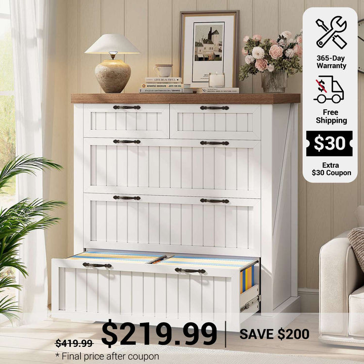 SEDETA 33.5 Inch Farmhouse Lateral File Cabinet with 5 Drawers Printer Stand Wood Home Office Filing Cabinet for Letter/Legal/A4 Size