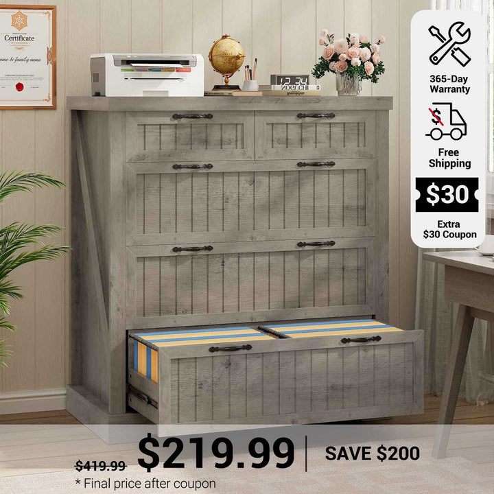 SEDETA 33.5 Inch Farmhouse Lateral File Cabinet with 5 Drawers Printer Stand Wood Home Office Filing Cabinet for Letter/Legal/A4 Size