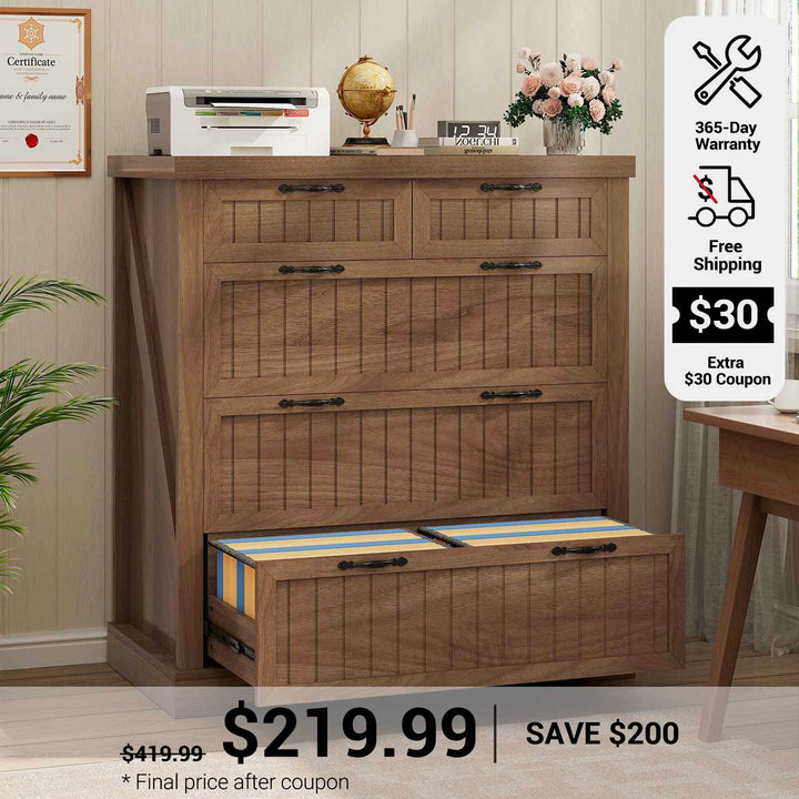 SEDETA 33.5 Inch Farmhouse Lateral File Cabinet with 5 Drawers Printer Stand Wood Home Office Filing Cabinet for Letter/Legal/A4 Size