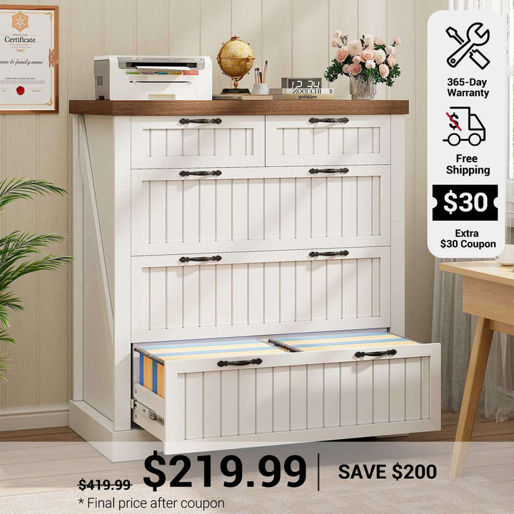 SEDETA 33.5 Inch Farmhouse Lateral File Cabinet with 5 Drawers Printer Stand Wood Home Office Filing Cabinet for Letter/Legal/A4 Size