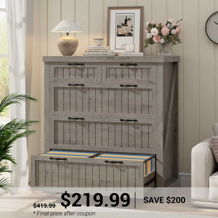 SEDETA 33.5 Inch Farmhouse Lateral File Cabinet with 5 Drawers Printer Stand Wood Home Office Filing Cabinet for Letter/Legal/A4 Size