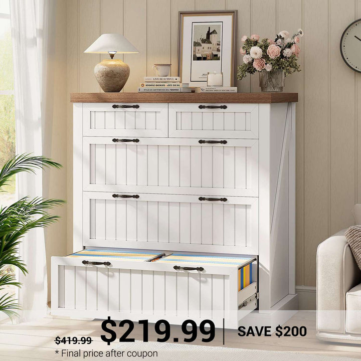 SEDETA 33.5 Inch Farmhouse Lateral File Cabinet with 5 Drawers Printer Stand Wood Home Office Filing Cabinet for Letter/Legal/A4 Size