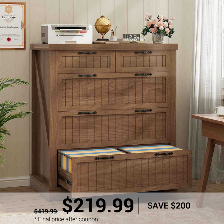 SEDETA 33.5 Inch Farmhouse Lateral File Cabinet with 5 Drawers Printer Stand Wood Home Office Filing Cabinet for Letter/Legal/A4 Size