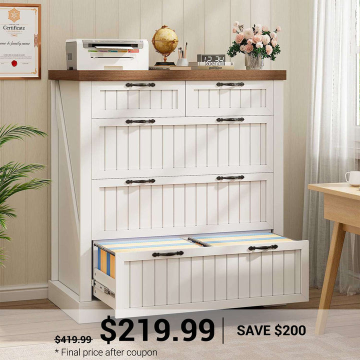 SEDETA 33.5 Inch Farmhouse Lateral File Cabinet with 5 Drawers Printer Stand Wood Home Office Filing Cabinet for Letter/Legal/A4 Size