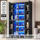 SEDETA® 70.9 Inch Bookcase with LED Lights Acrylic Transparent Display Cabinet with Glass Doors Curio Cabinet Adjustable Shelves