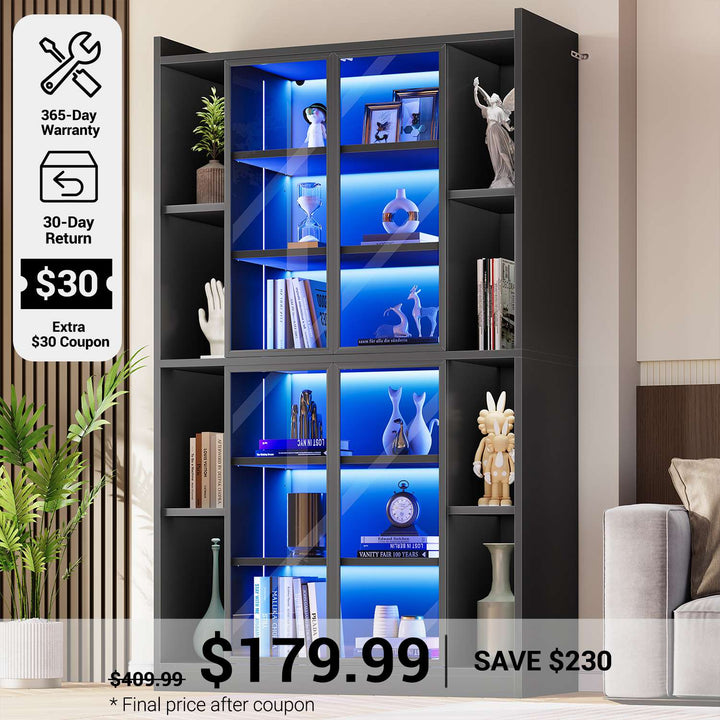 SEDETA® 70.9 Inch Bookcase with LED Lights Acrylic Transparent Display Cabinet with Glass Doors Curio Cabinet Adjustable Shelves