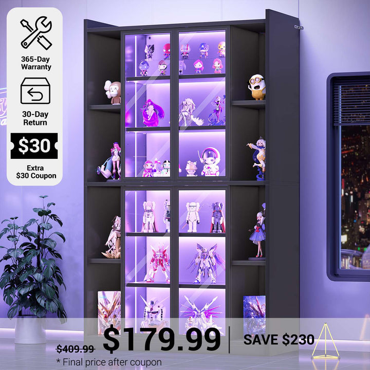 SEDETA® 70.9 Inch Bookcase with LED Lights Acrylic Transparent Display Cabinet with Glass Doors Curio Cabinet Adjustable Shelves