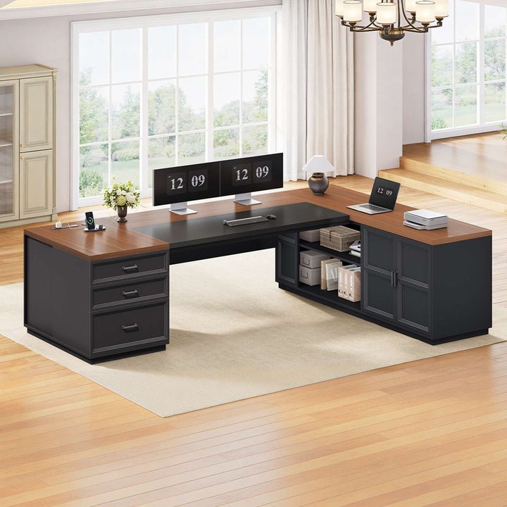 SEDETA® 78.7 Inch Corner Computer Desk L Shaped Executive Desk Modern Large Home Office Desk with Power Outlet CPU Stand Storage Cabinet 3 Drawers