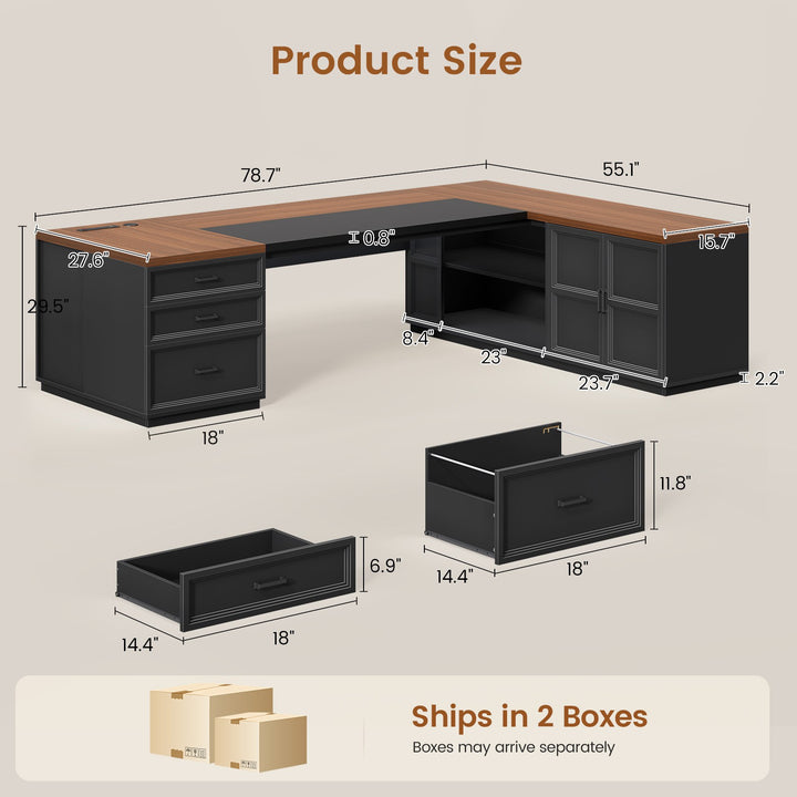 SEDETA® 78.7 Inch Corner Computer Desk L Shaped Executive Desk Modern Large Home Office Desk with Power Outlet CPU Stand Storage Cabinet 3 Drawers