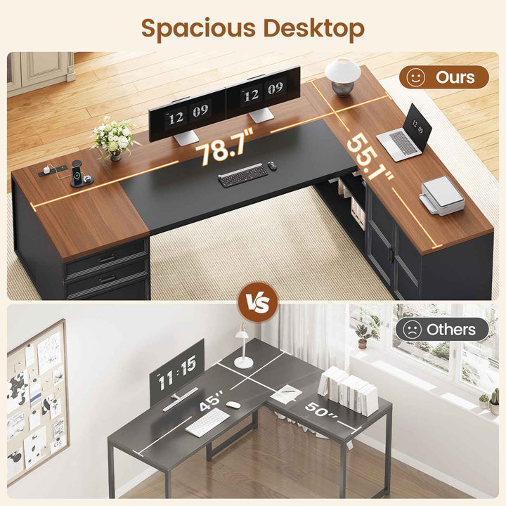 SEDETA® 78.7 Inch Corner Computer Desk L Shaped Executive Desk Modern Large Home Office Desk with Power Outlet CPU Stand Storage Cabinet 3 Drawers