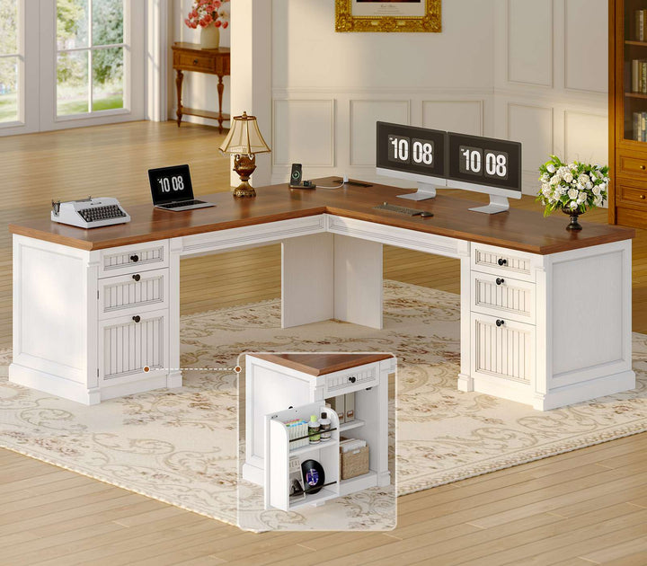 SEDETA® 67 Inch L Shaped Computer Desk American Style Large Executive Desk with Power Strip 4 File Drawers Storage Cabinet Adjustable Shelf