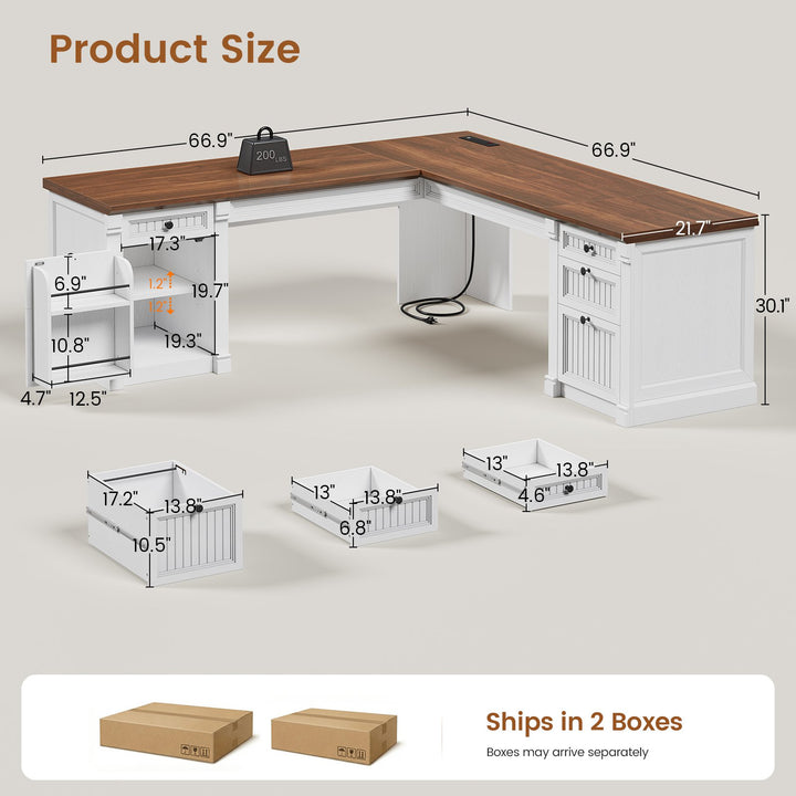SEDETA® 67 Inch L Shaped Computer Desk American Style Large Executive Desk with Power Strip 4 File Drawers Storage Cabinet Adjustable Shelf