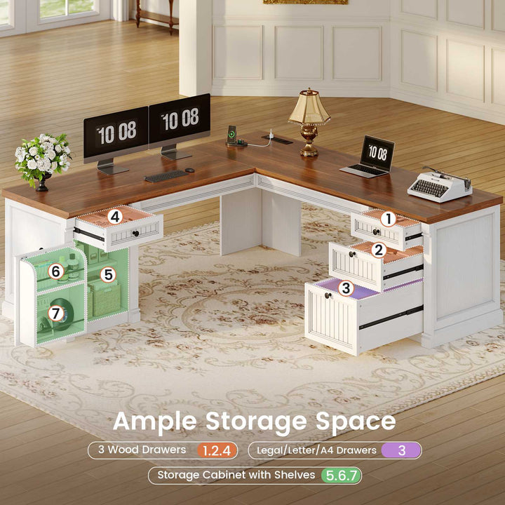 SEDETA® 67 Inch L Shaped Computer Desk American Style Large Executive Desk with Power Strip 4 File Drawers Storage Cabinet Adjustable Shelf