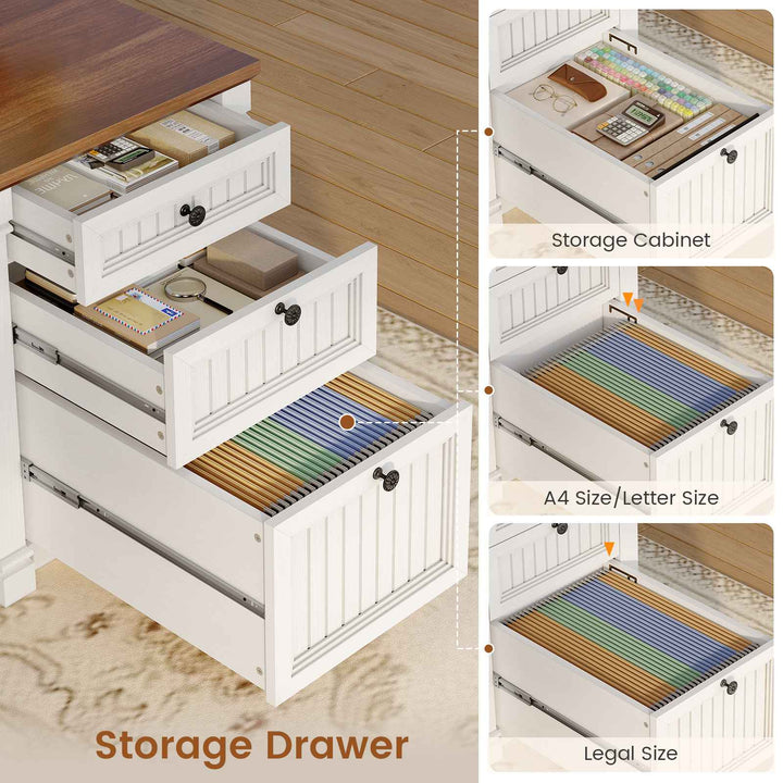 SEDETA® 67 Inch L Shaped Computer Desk American Style Large Executive Desk with Power Strip 4 File Drawers Storage Cabinet Adjustable Shelf