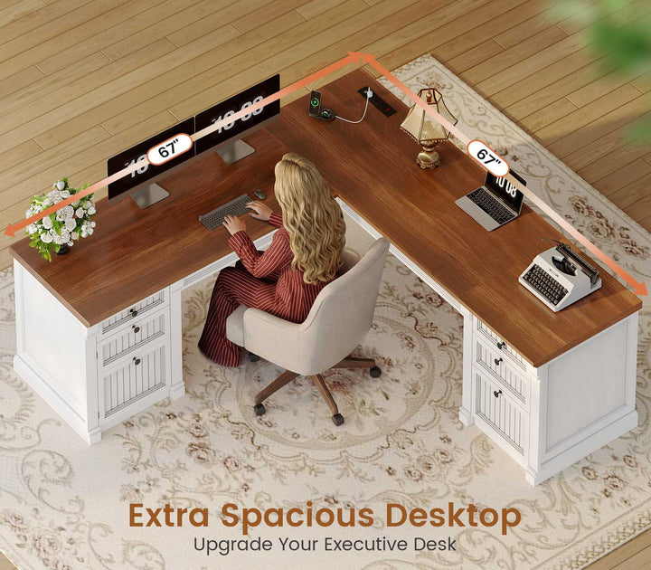 SEDETA® 67 Inch L Shaped Computer Desk American Style Large Executive Desk with Power Strip 4 File Drawers Storage Cabinet Adjustable Shelf