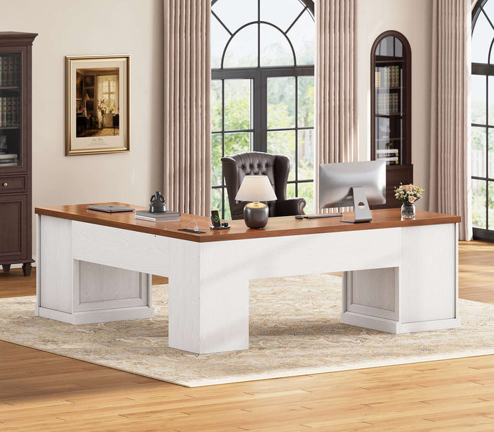 SEDETA® 67 Inch L Shaped Computer Desk American Style Large Executive Desk with Power Strip 4 File Drawers Storage Cabinet Adjustable Shelf