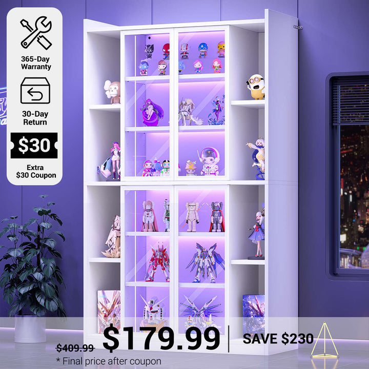 SEDETA® 70.9 Inch Bookcase with LED Lights Acrylic Transparent Display Cabinet with Glass Doors Curio Cabinet Adjustable Shelves