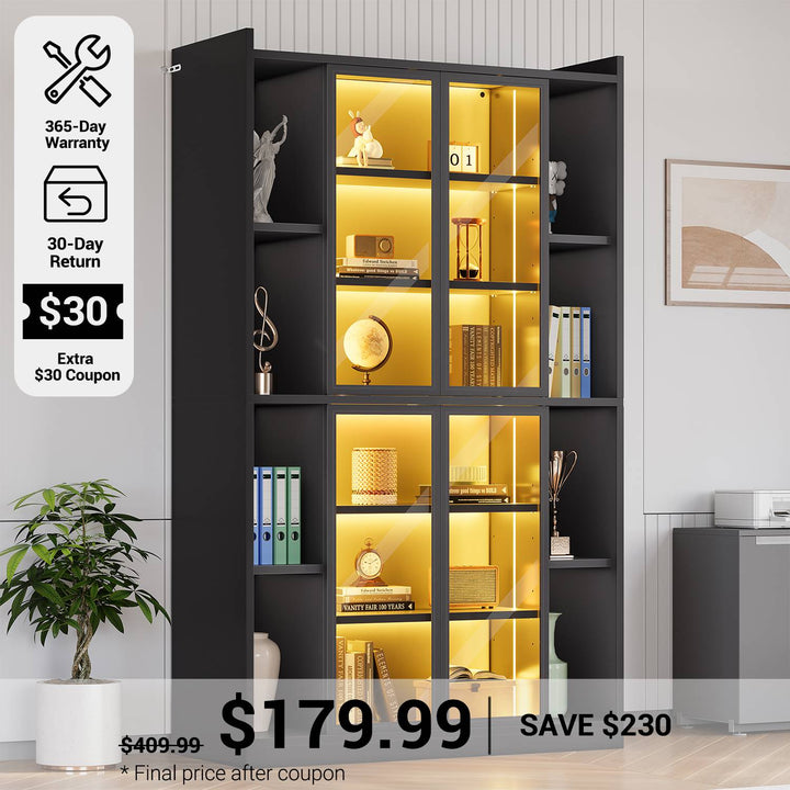 SEDETA® 70.9 Inch Bookcase with LED Lights Acrylic Transparent Display Cabinet with Glass Doors Curio Cabinet Adjustable Shelves