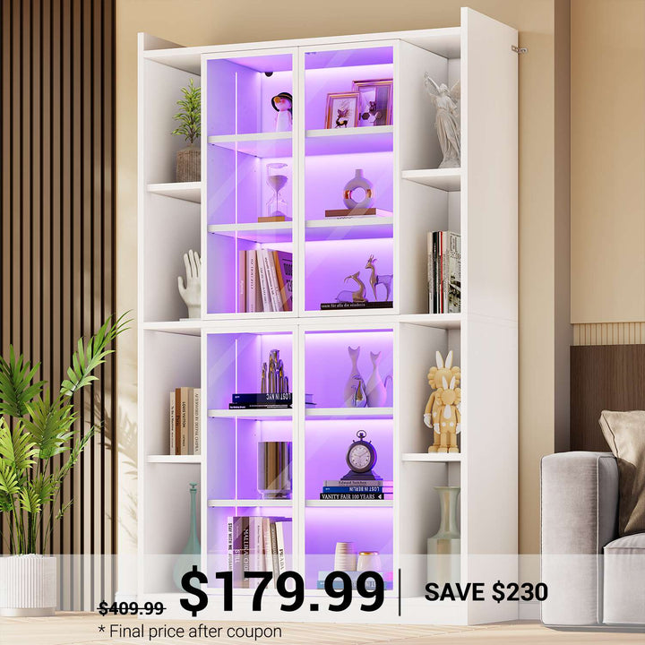 SEDETA® 70.9 Inch Bookcase with LED Lights Acrylic Transparent Display Cabinet with Glass Doors Curio Cabinet Adjustable Shelves