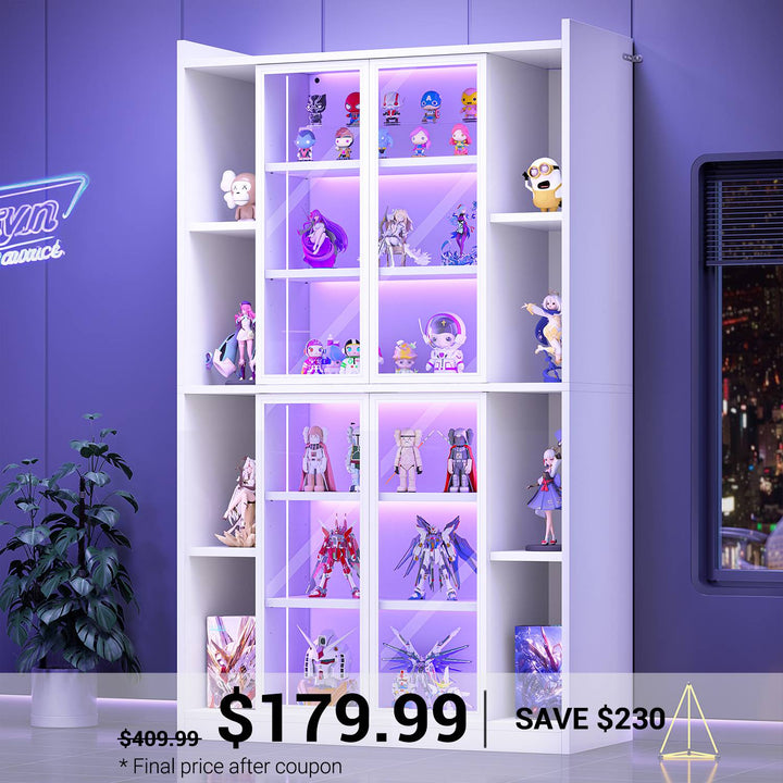 SEDETA® 70.9 Inch Bookcase with LED Lights Acrylic Transparent Display Cabinet with Glass Doors Curio Cabinet Adjustable Shelves