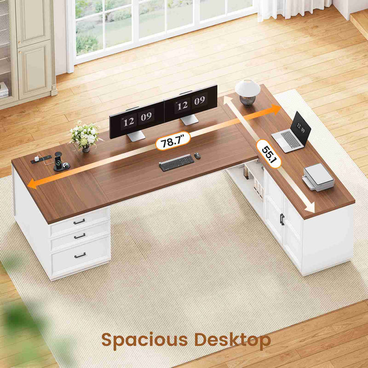 SEDETA® 78.7 Inch Corner Computer Desk L Shaped Executive Desk Modern Large Home Office Desk with Power Outlet CPU Stand Storage Cabinet 3 Drawers