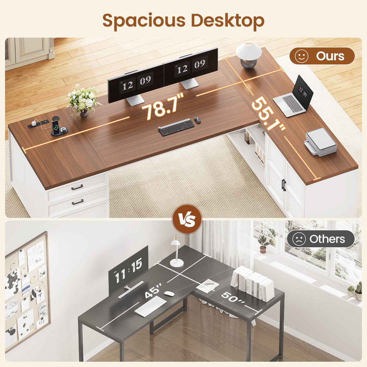 SEDETA® 78.7 Inch Corner Computer Desk L Shaped Executive Desk Modern Large Home Office Desk with Power Outlet CPU Stand Storage Cabinet 3 Drawers