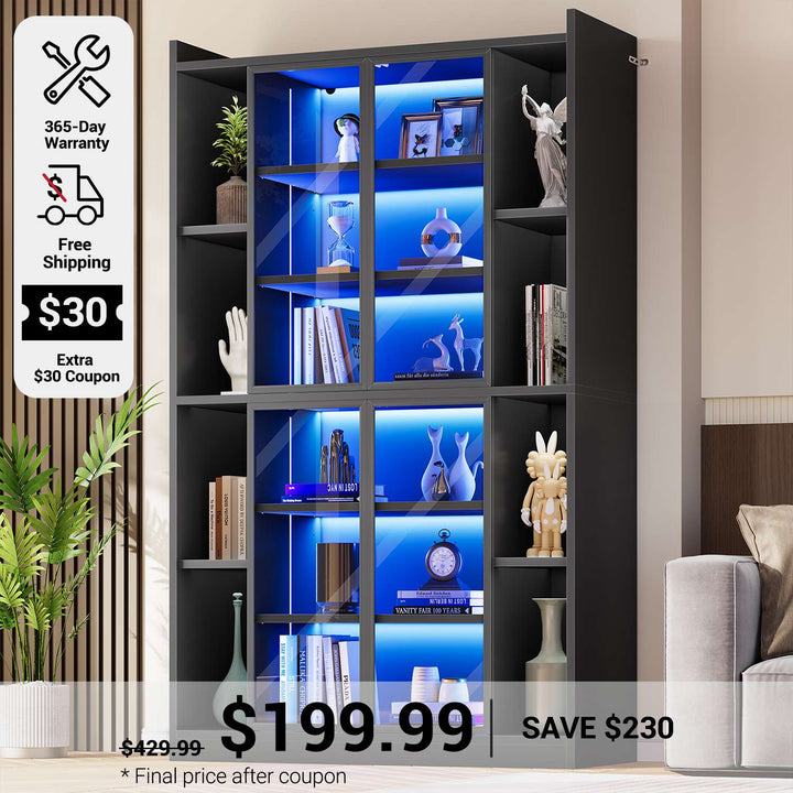 SEDETA 70.9 Inch Display Cabinet with Glass Doors 6 Tier Tall Bookcase with LED Lights Curio Cabinet with Adjustable Shelves
