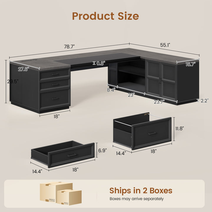 SEDETA® 78.7 Inch Corner Computer Desk L Shaped Executive Desk Modern Large Home Office Desk with Power Outlet CPU Stand Storage Cabinet 3 Drawers