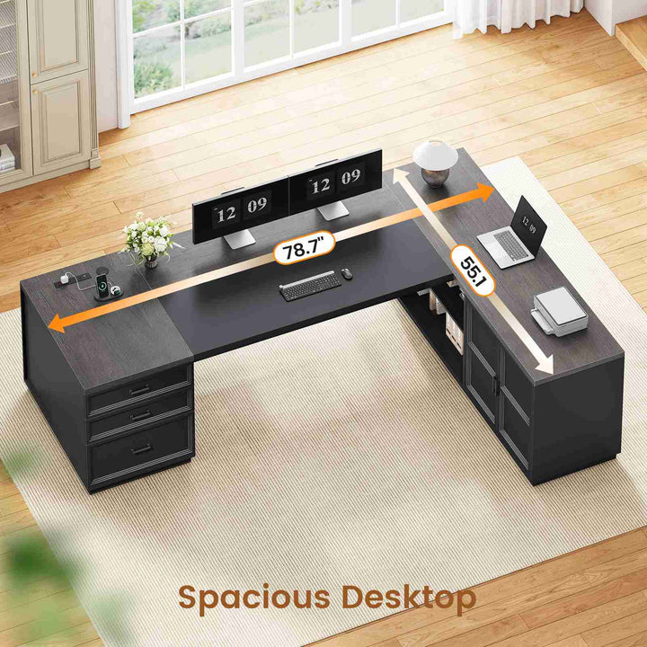 SEDETA® 78.7 Inch Corner Computer Desk L Shaped Executive Desk Modern Large Home Office Desk with Power Outlet CPU Stand Storage Cabinet 3 Drawers