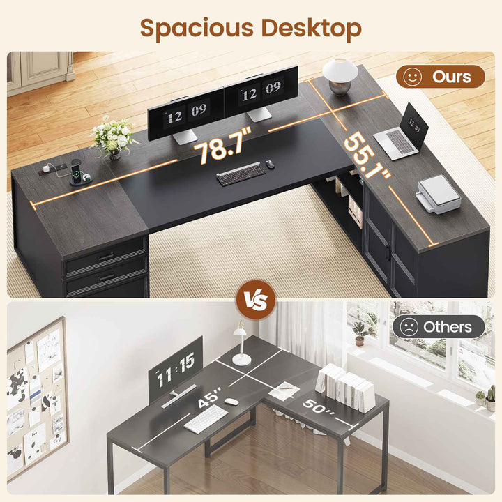 SEDETA® 78.7 Inch Corner Computer Desk L Shaped Executive Desk Modern Large Home Office Desk with Power Outlet CPU Stand Storage Cabinet 3 Drawers