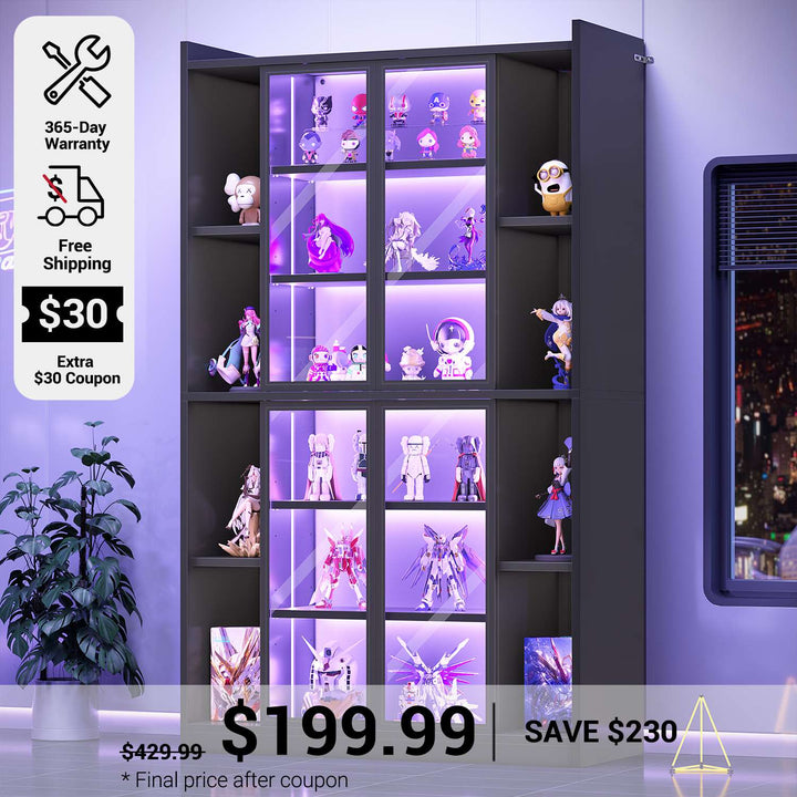SEDETA 70.9 Inch Display Cabinet with Glass Doors 6 Tier Tall Bookcase with LED Lights Curio Cabinet with Adjustable Shelves