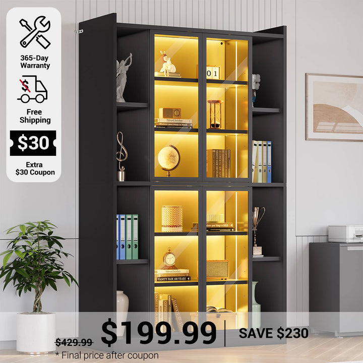 SEDETA 70.9 Inch Display Cabinet with Glass Doors 6 Tier Tall Bookcase with LED Lights Curio Cabinet with Adjustable Shelves