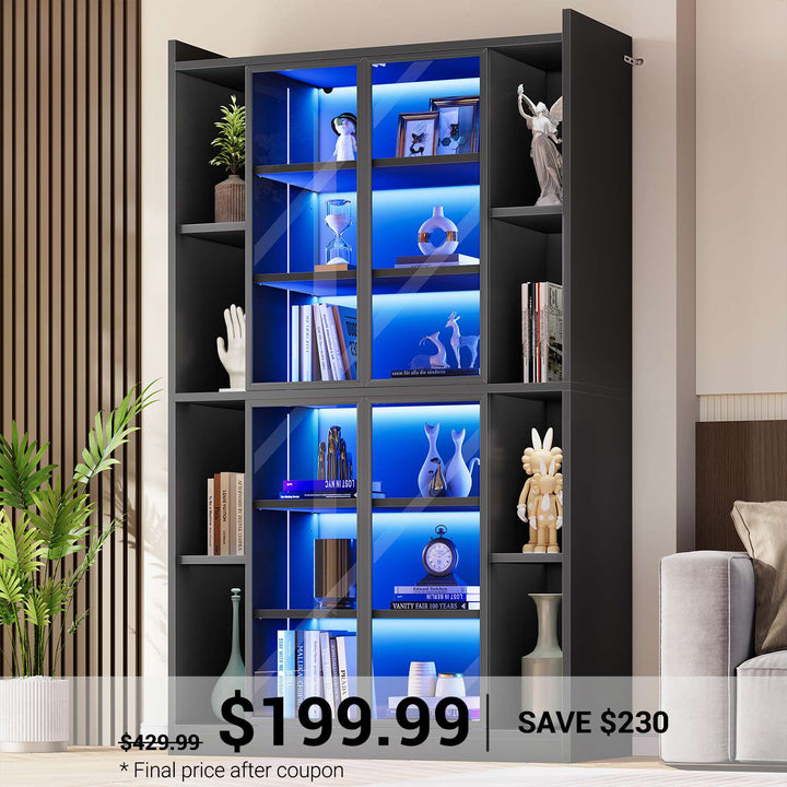 SEDETA 70.9 Inch Display Cabinet with Glass Doors 6 Tier Tall Bookcase with LED Lights Curio Cabinet with Adjustable Shelves