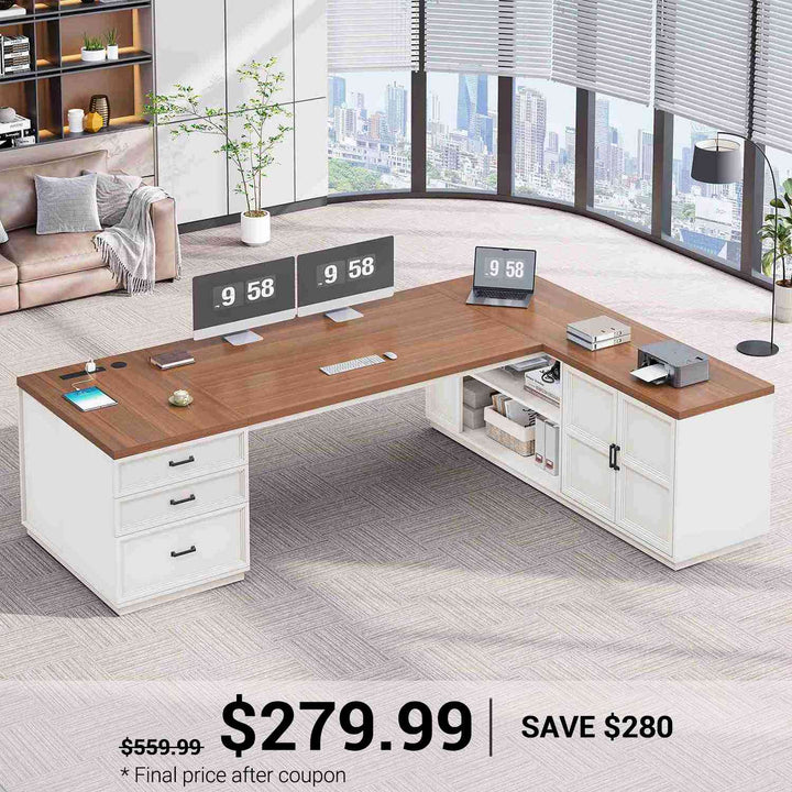 SEDETA® 78.7 Inch Corner Computer Desk L Shaped Executive Desk Modern Large Home Office Desk with Power Outlet CPU Stand Storage Cabinet 3 Drawers