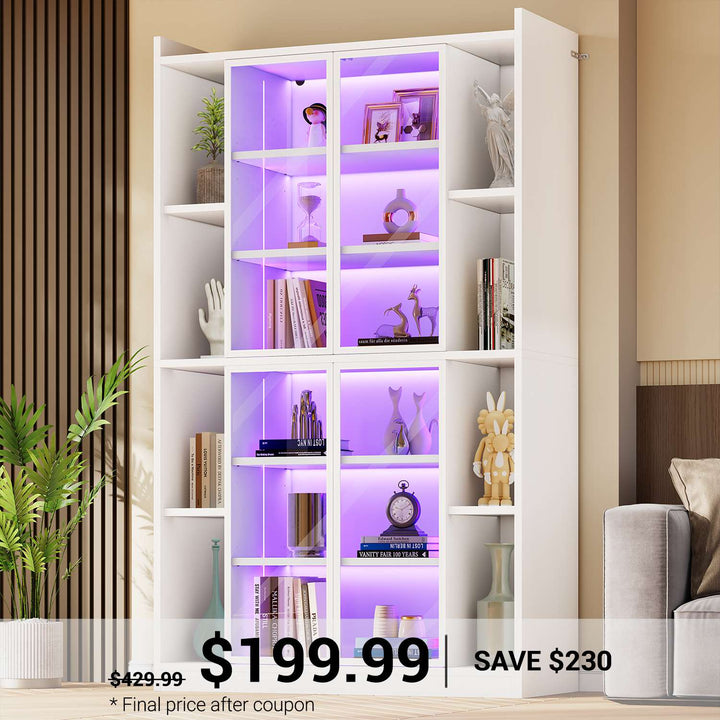 SEDETA 70.9 Inch Display Cabinet with Glass Doors 6 Tier Tall Bookcase with LED Lights Curio Cabinet with Adjustable Shelves