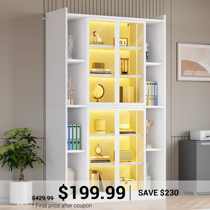 SEDETA 70.9 Inch Display Cabinet with Glass Doors 6 Tier Tall Bookcase with LED Lights Curio Cabinet with Adjustable Shelves