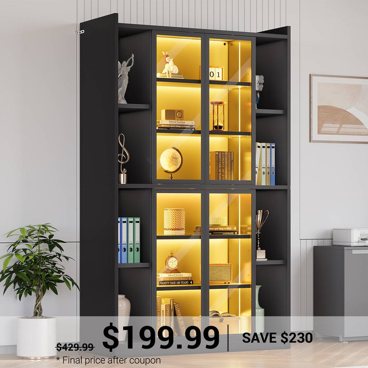 SEDETA 70.9 Inch Display Cabinet with Glass Doors 6 Tier Tall Bookcase with LED Lights Curio Cabinet with Adjustable Shelves