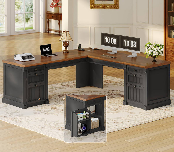 SEDETA® 67 Inch L Shaped Computer Desk American Style Large Executive Desk with Power Strip 4 File Drawers Storage Cabinet Adjustable Shelf