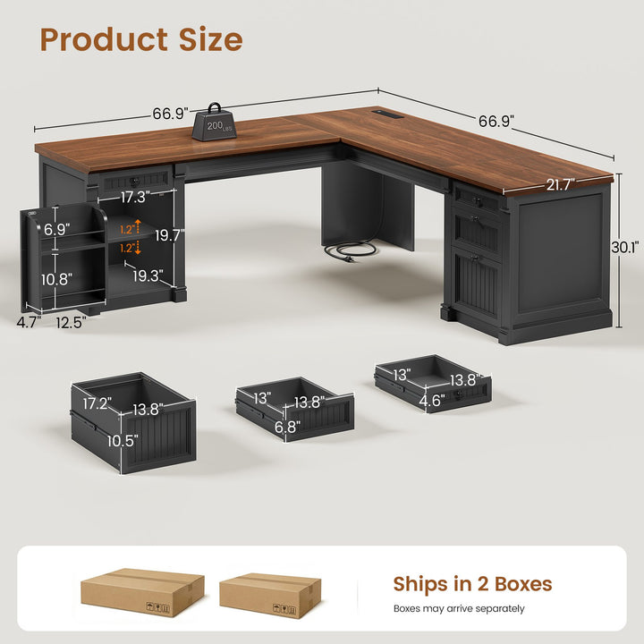 SEDETA® 67 Inch L Shaped Computer Desk American Style Large Executive Desk with Power Strip 4 File Drawers Storage Cabinet Adjustable Shelf