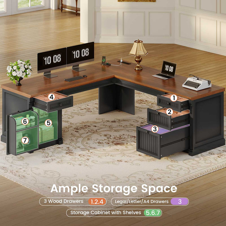 SEDETA® 67 Inch L Shaped Computer Desk American Style Large Executive Desk with Power Strip 4 File Drawers Storage Cabinet Adjustable Shelf