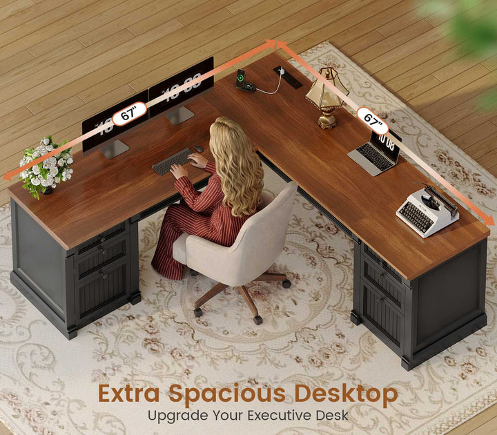 SEDETA® 67 Inch L Shaped Computer Desk American Style Large Executive Desk with Power Strip 4 File Drawers Storage Cabinet Adjustable Shelf