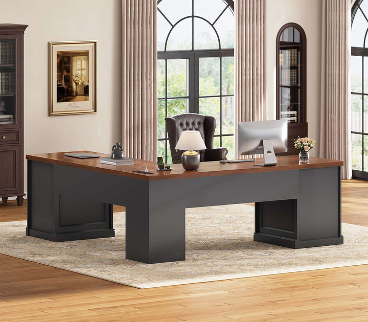 SEDETA® 67 Inch L Shaped Computer Desk American Style Large Executive Desk with Power Strip 4 File Drawers Storage Cabinet Adjustable Shelf