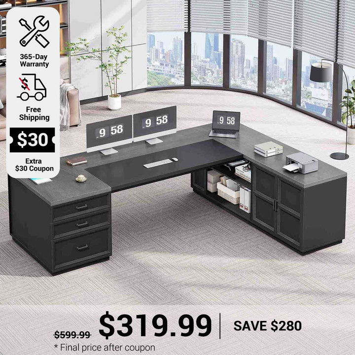 SEDETA 78.7 Inch L Shaped Executive Desk with 3 Drawers Modern Corner Computer Desk with Storage Cabinet Power Outlet Large Home Office Desk with CPU Stand