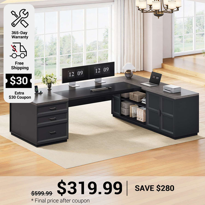 SEDETA 78.7 Inch L Shaped Executive Desk with 3 Drawers Modern Corner Computer Desk with Storage Cabinet Power Outlet Large Home Office Desk with CPU Stand