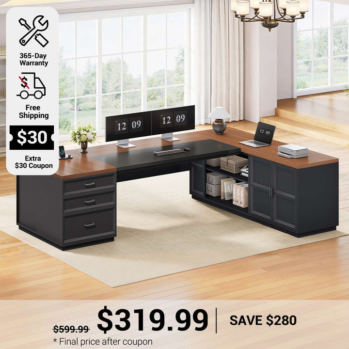 SEDETA 78.7 Inch L Shaped Executive Desk with 3 Drawers Modern Corner Computer Desk with Storage Cabinet Power Outlet Large Home Office Desk with CPU Stand