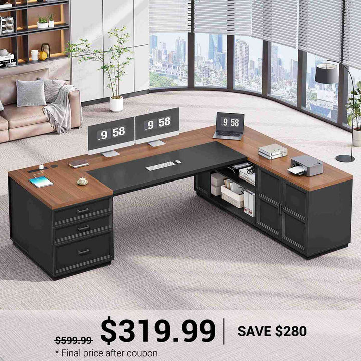 SEDETA 78.7 Inch L Shaped Executive Desk with 3 Drawers Modern Corner Computer Desk with Storage Cabinet Power Outlet Large Home Office Desk with CPU Stand