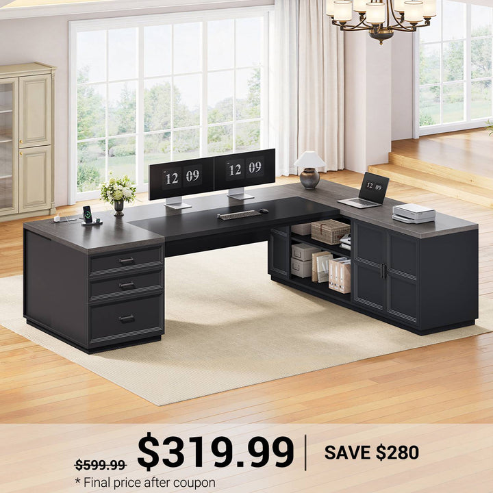 SEDETA 78.7 Inch L Shaped Executive Desk with 3 Drawers Modern Corner Computer Desk with Storage Cabinet Power Outlet Large Home Office Desk with CPU Stand