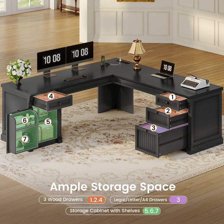 SEDETA® 67 Inch L Shaped Computer Desk American Style Large Executive Desk with Power Strip 4 File Drawers Storage Cabinet Adjustable Shelf