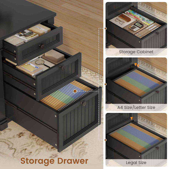 SEDETA® 67 Inch L Shaped Computer Desk American Style Large Executive Desk with Power Strip 4 File Drawers Storage Cabinet Adjustable Shelf