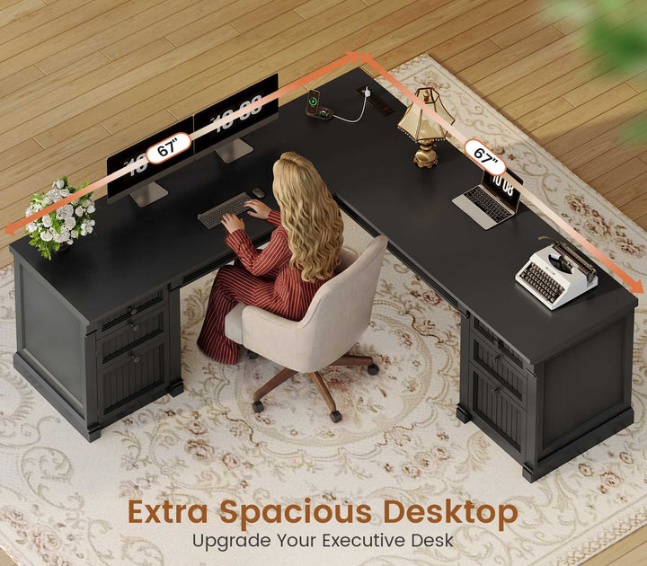 SEDETA® 67 Inch L Shaped Computer Desk American Style Large Executive Desk with Power Strip 4 File Drawers Storage Cabinet Adjustable Shelf